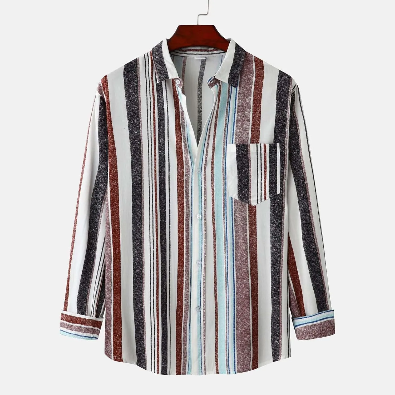 Linen Shirts Men Slim Band Collar Striped Print Button Down Dress Shirt with Pocket Cotton Trendy 2025 Tees Tops