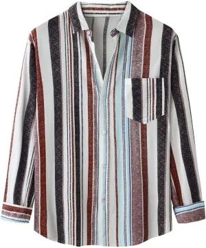 Linen Shirts Men Slim Band Collar Striped Print Button Down Dress Shirt with Pocket Cotton Trendy 2025 Tees Tops