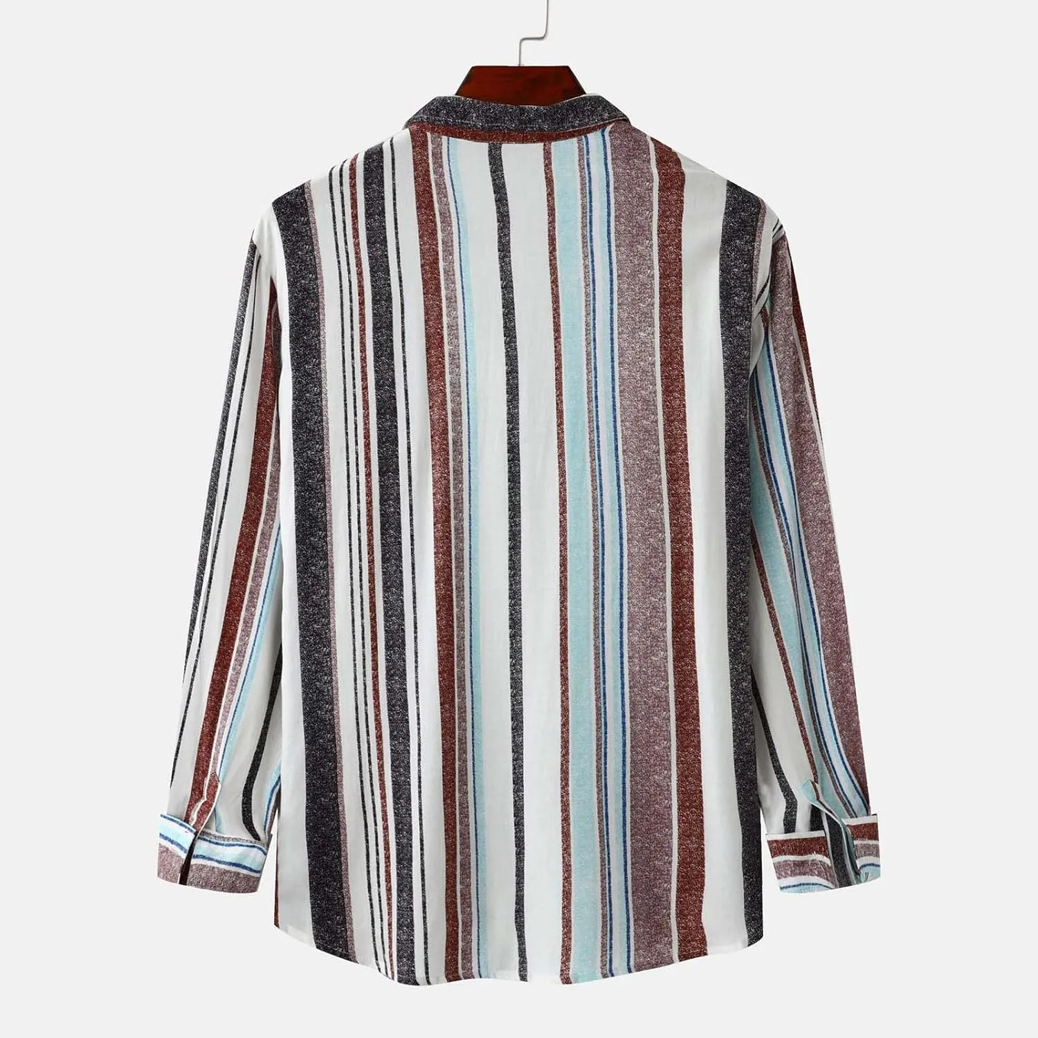 Linen Shirts Men Slim Band Collar Striped Print Button Down Dress Shirt with Pocket Cotton Trendy 2025 Tees Tops