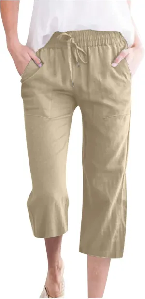 Linen Summer Pants for Women 2024 Wide Leg Capris Palazzo Capri Pants Dressy Causal Gauze Pants with Pockets
