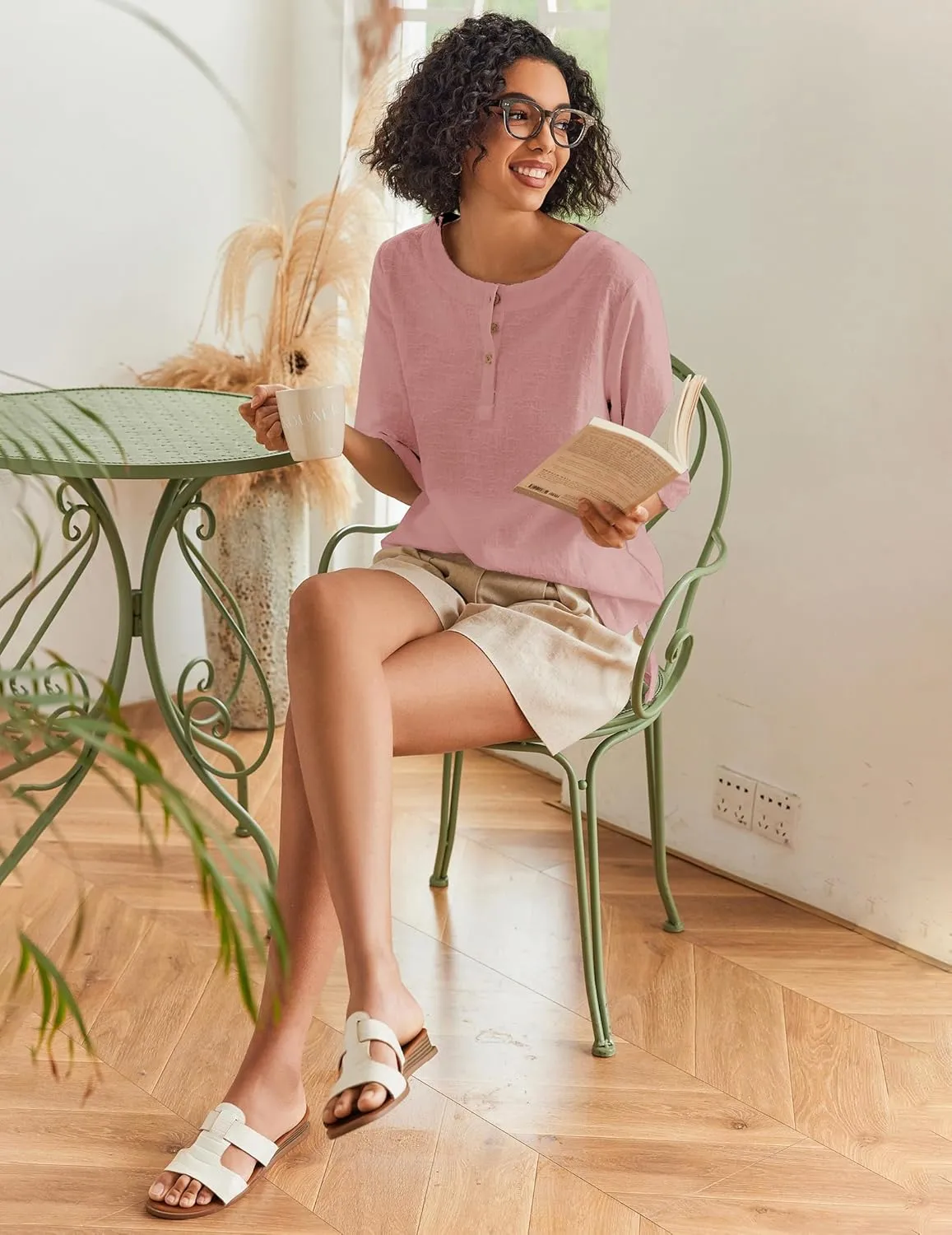 Linen Tops for Women 3/4 Sleeve Crew Neck Cotton Shirts Casual Jacquard Boho Blouse