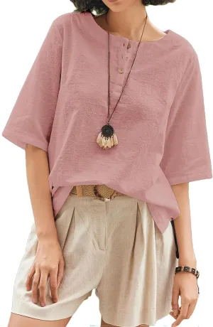 Linen Tops for Women 3/4 Sleeve Crew Neck Cotton Shirts Casual Jacquard Boho Blouse