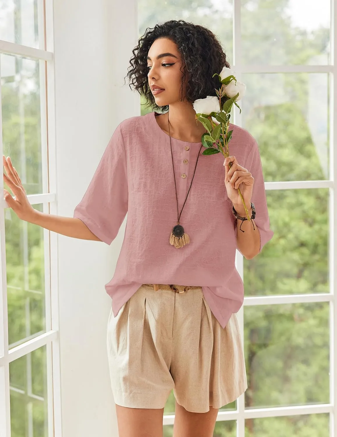 Linen Tops for Women 3/4 Sleeve Crew Neck Cotton Shirts Casual Jacquard Boho Blouse
