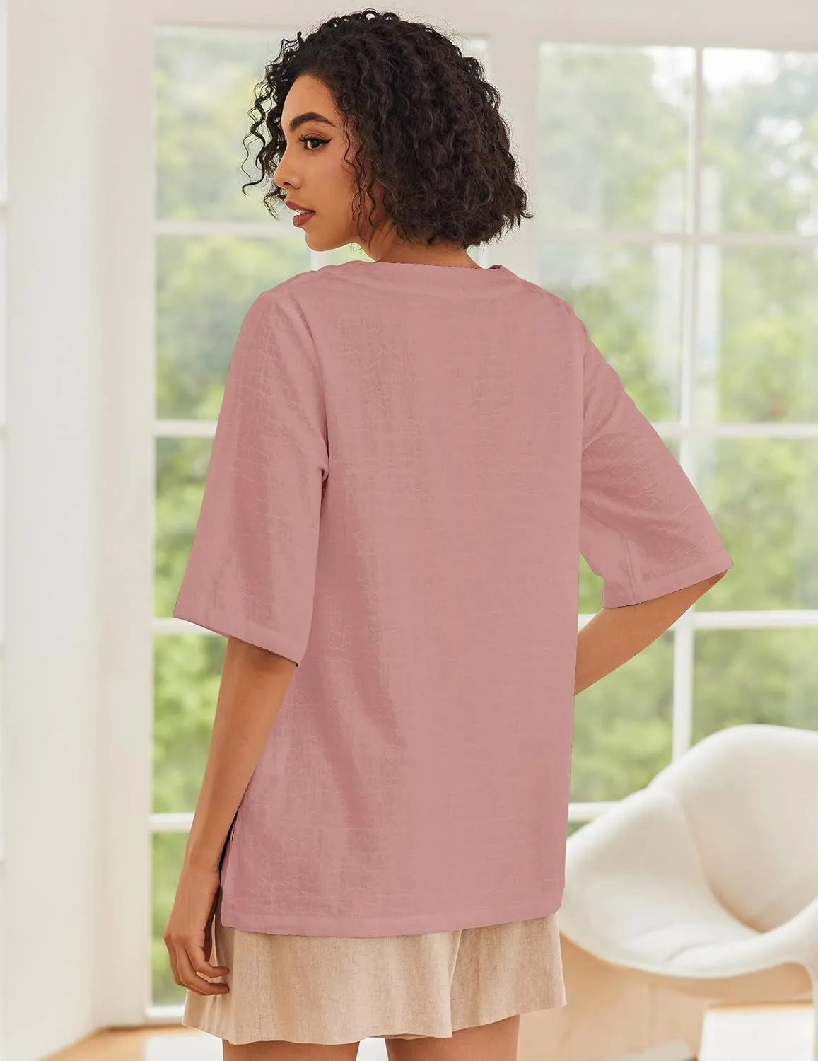 Linen Tops for Women 3/4 Sleeve Crew Neck Cotton Shirts Casual Jacquard Boho Blouse