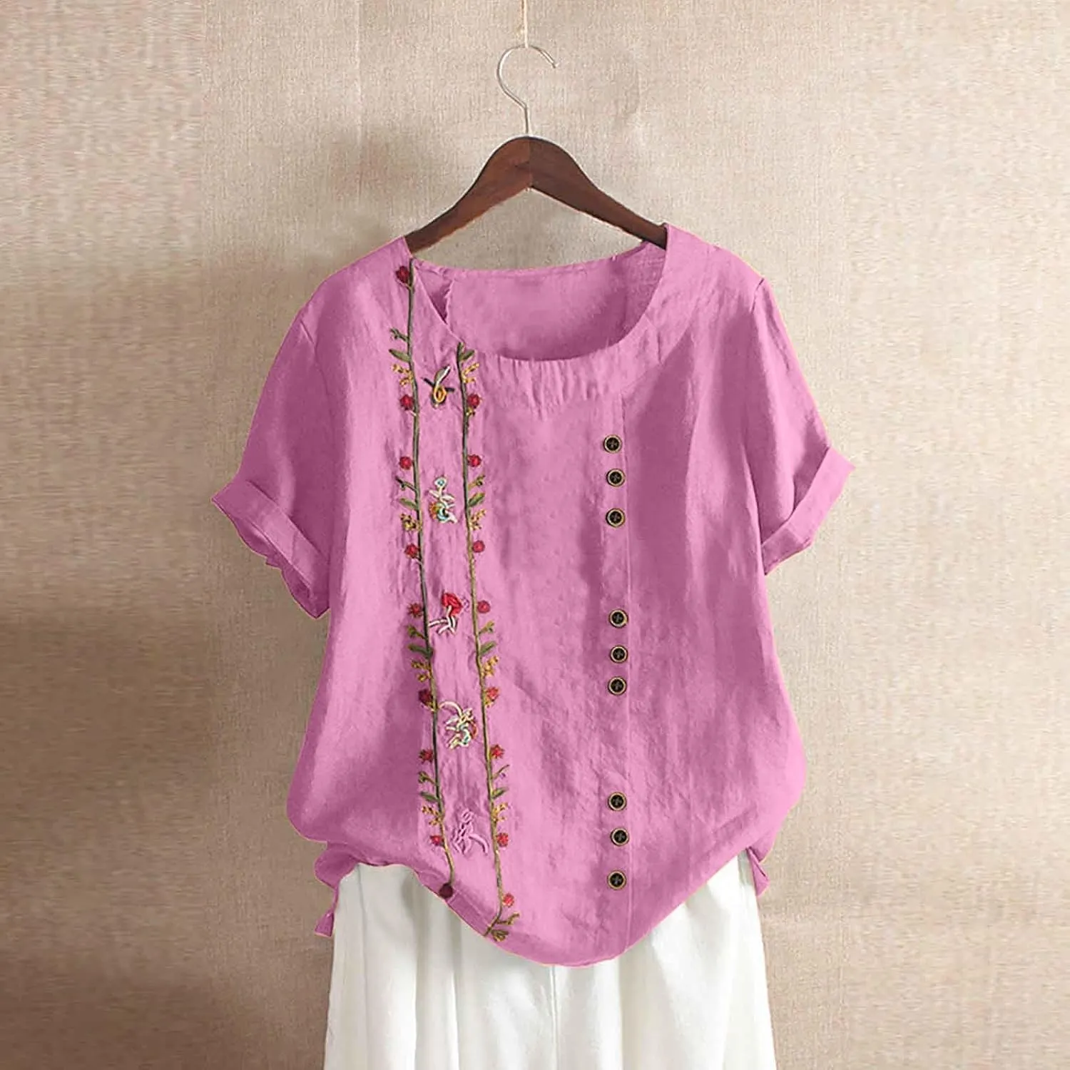 Linen Tops for Women Floral Embroidery Button Down Plus Size Tops Crew Neck Short Sleeve Cotton Blend Tee Shirts