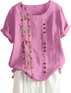 Linen Tops for Women Floral Embroidery Button Down Plus Size Tops Crew Neck Short Sleeve Cotton Blend Tee Shirts