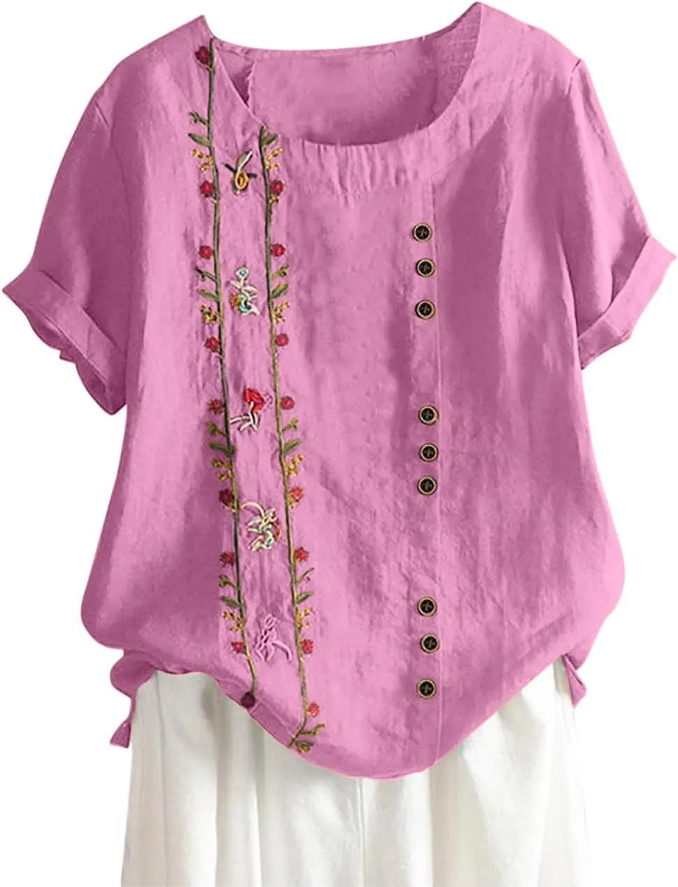 Linen Tops for Women Floral Embroidery Button Down Plus Size Tops Crew Neck Short Sleeve Cotton Blend Tee Shirts
