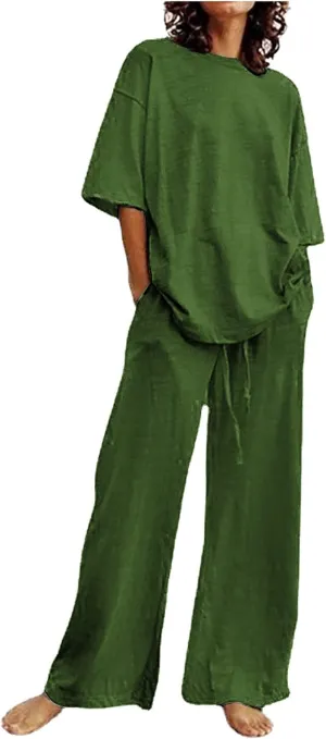 Linen Two Piece Sets For Women Summer 2024 Plus Size Tops And Wide Leg Pants Matching Set Beach Vacation Outfits