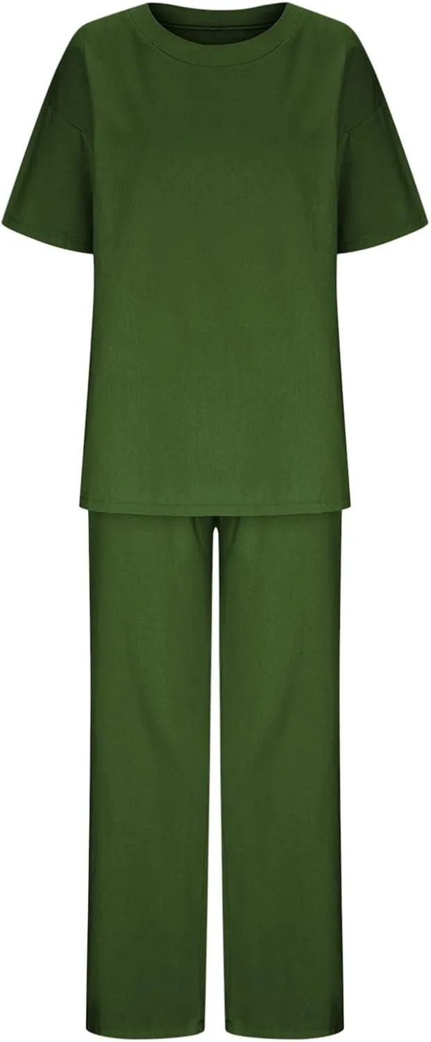 Linen Two Piece Sets For Women Summer 2024 Plus Size Tops And Wide Leg Pants Matching Set Beach Vacation Outfits