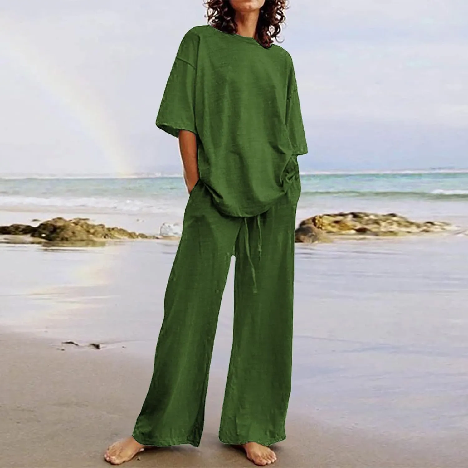 Linen Two Piece Sets For Women Summer 2024 Plus Size Tops And Wide Leg Pants Matching Set Beach Vacation Outfits