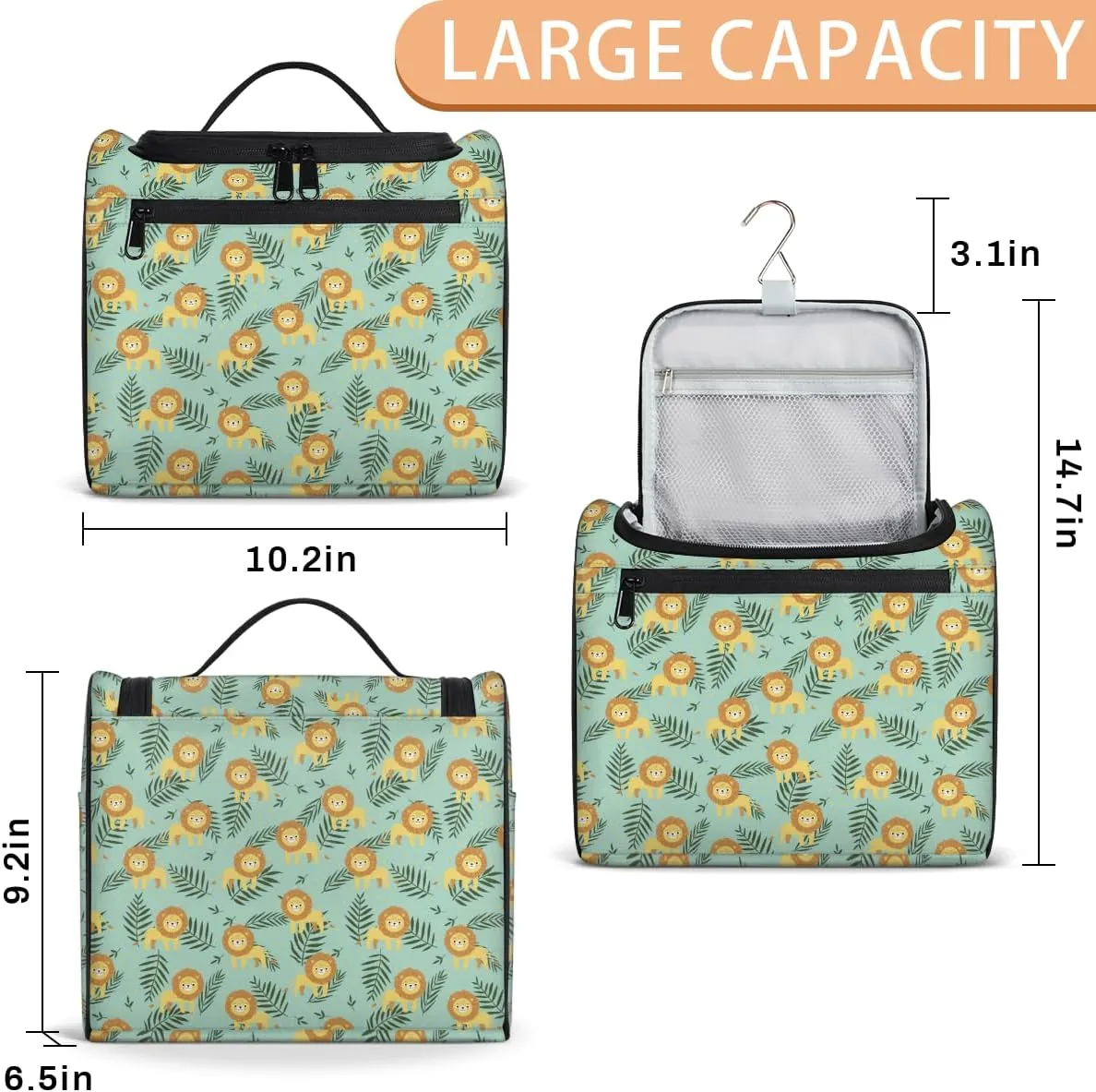 Lion Large Travel Toiletry Bag for Women, Travel Organizer for Toiletries, Waterproof Makeup Cosmetic Bag with Handle