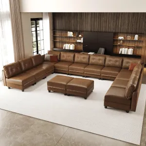LLappuil Modular Sectional Sofa with Storage, Modern Brown Faux Leather, Reversible Chaise, U Shaped Couch for Living Room, Waterproof & Easy Clean, 12 Seats with 2 Ottomans