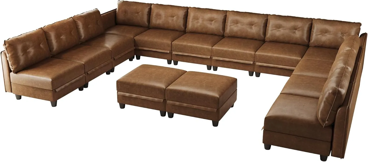 LLappuil Modular Sectional Sofa with Storage, Modern Brown Faux Leather, Reversible Chaise, U Shaped Couch for Living Room, Waterproof & Easy Clean, 12 Seats with 2 Ottomans
