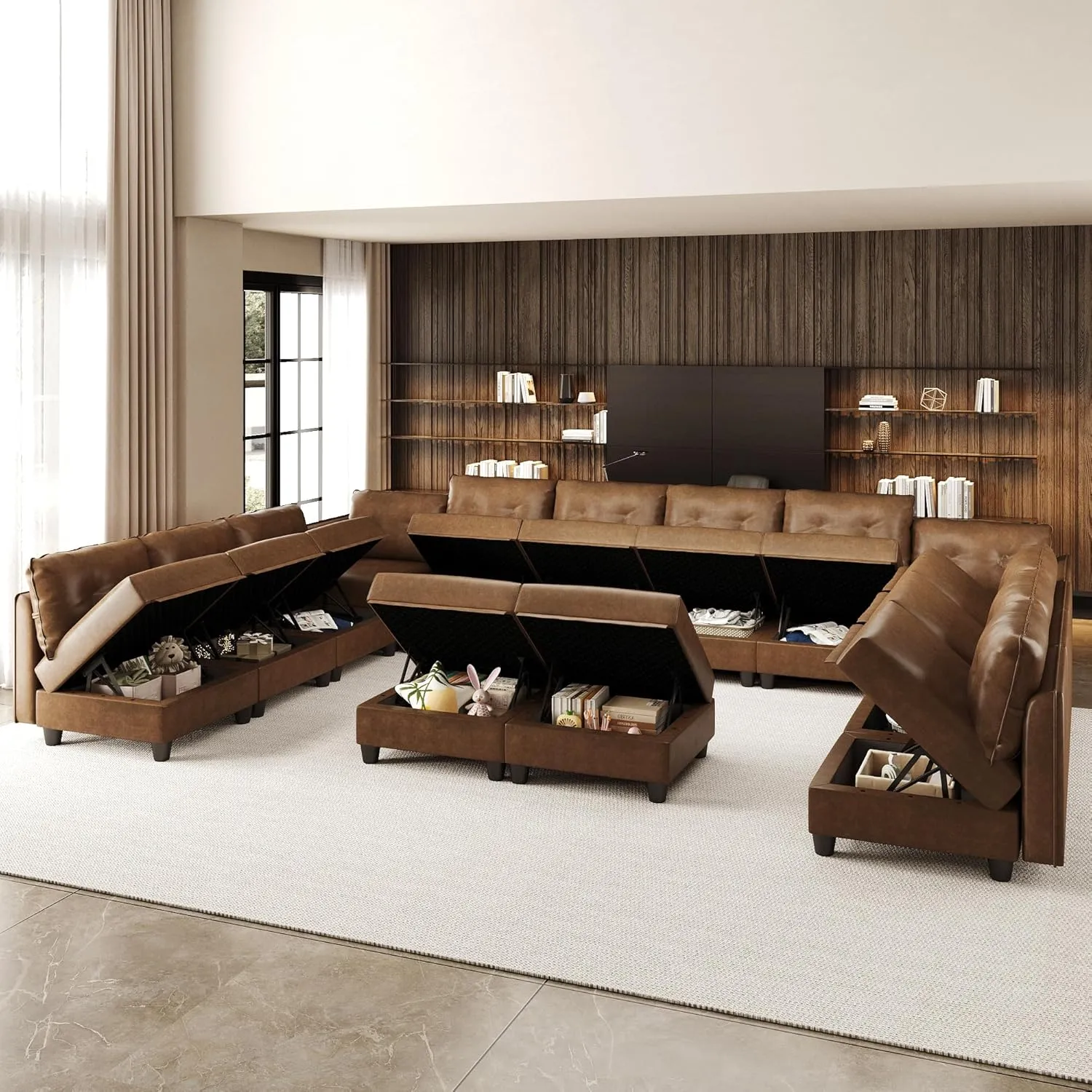LLappuil Modular Sectional Sofa with Storage, Modern Brown Faux Leather, Reversible Chaise, U Shaped Couch for Living Room, Waterproof & Easy Clean, 12 Seats with 2 Ottomans