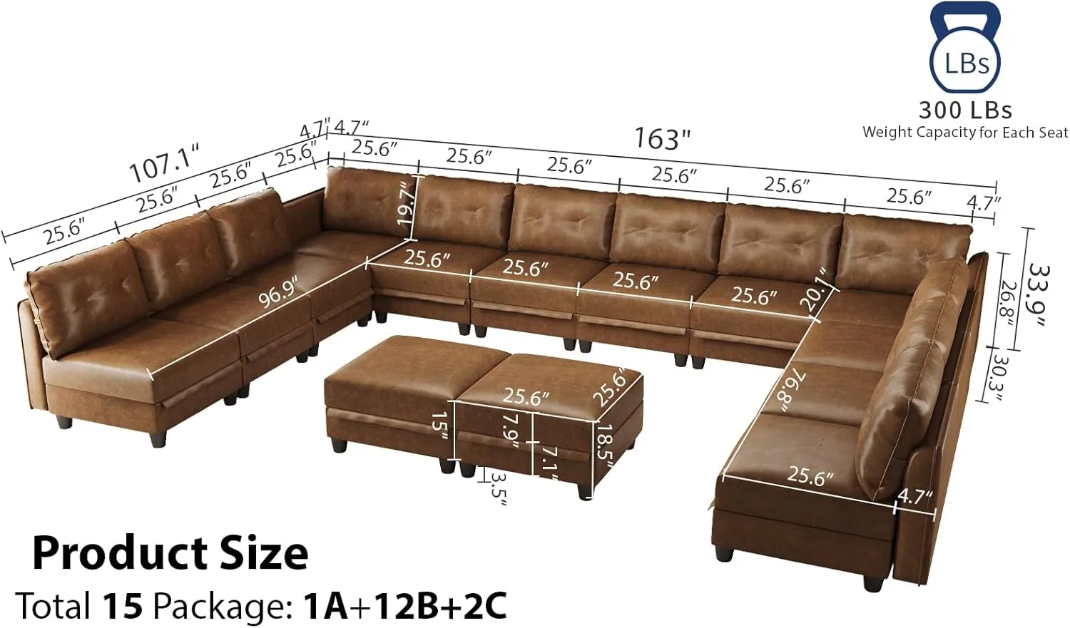LLappuil Modular Sectional Sofa with Storage, Modern Brown Faux Leather, Reversible Chaise, U Shaped Couch for Living Room, Waterproof & Easy Clean, 12 Seats with 2 Ottomans
