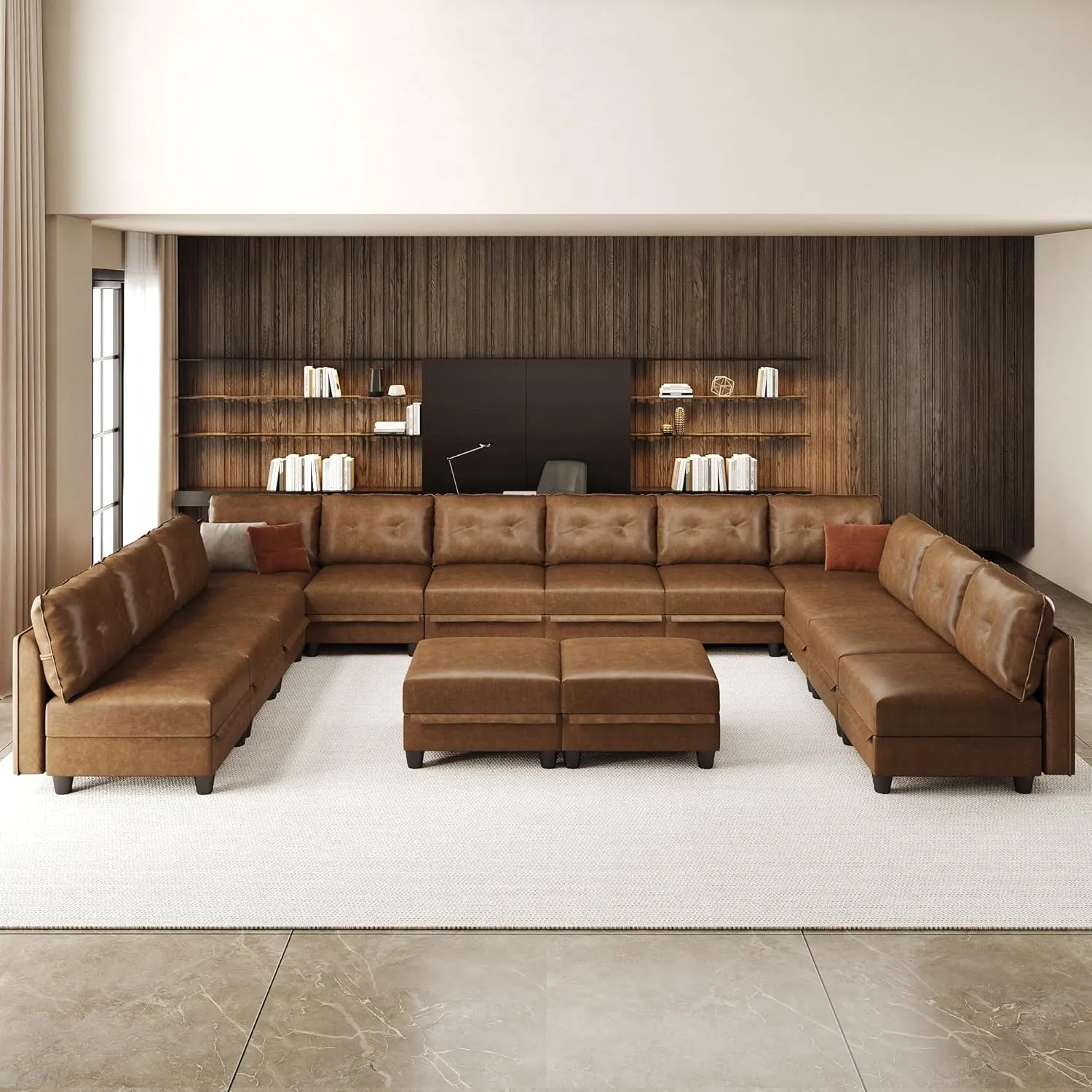 LLappuil Modular Sectional Sofa with Storage, Modern Brown Faux Leather, Reversible Chaise, U Shaped Couch for Living Room, Waterproof & Easy Clean, 12 Seats with 2 Ottomans