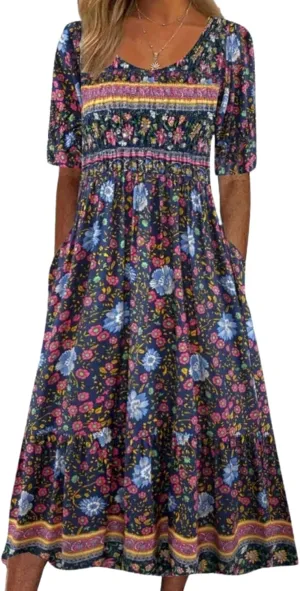 LOAIHA Women's Boho Floral Summer Dress Casual Loose Crewneck Short Sleeve Maxi Dress Beach Vacation Dresses with Pockets