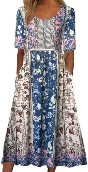 LOAIHA Women's Boho Floral Summer Dress Casual Loose Crewneck Short Sleeve Maxi Dress Beach Vacation Dresses with Pockets