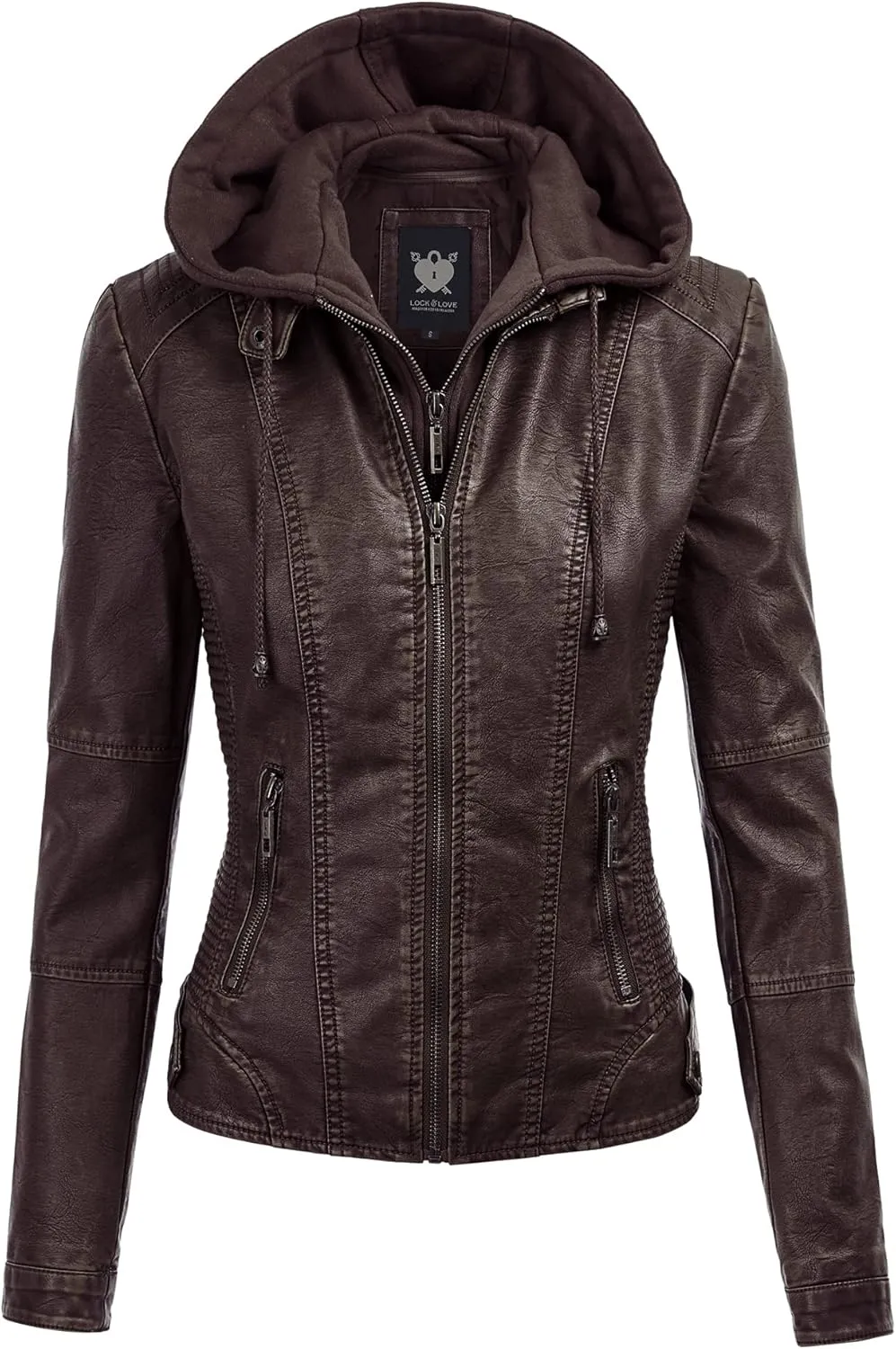 Lock and Love Women's Faux Leather Moto Biker Jacket Coat with Removable or Non-Removable Hood