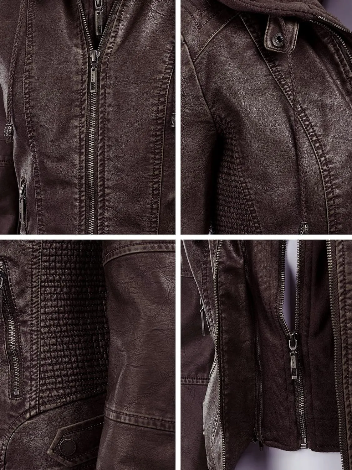 Lock and Love Women's Faux Leather Moto Biker Jacket Coat with Removable or Non-Removable Hood