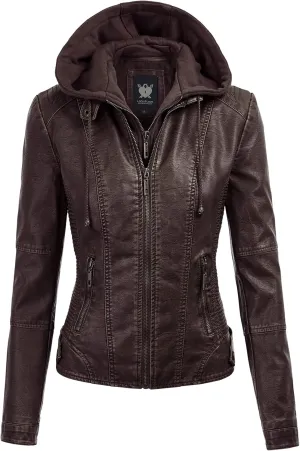 Lock and Love Women's Faux Leather Moto Biker Jacket Coat with Removable or Non-Removable Hood