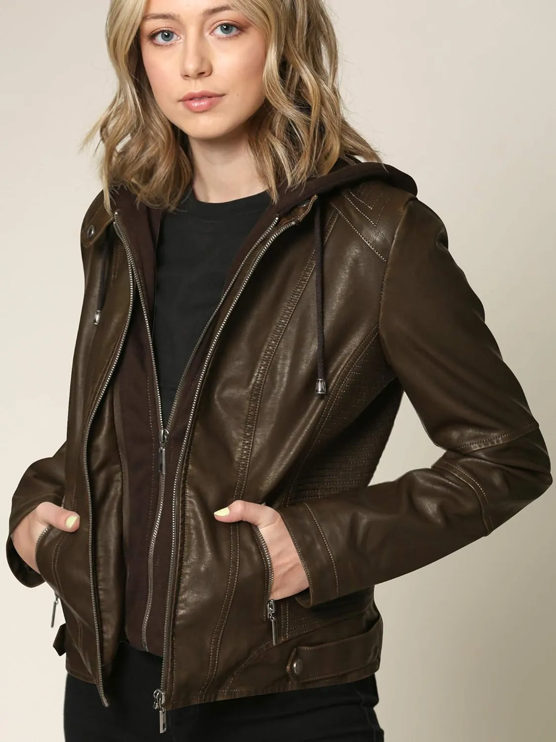 Lock and Love Women's Faux Leather Moto Biker Jacket Coat with Removable or Non-Removable Hood