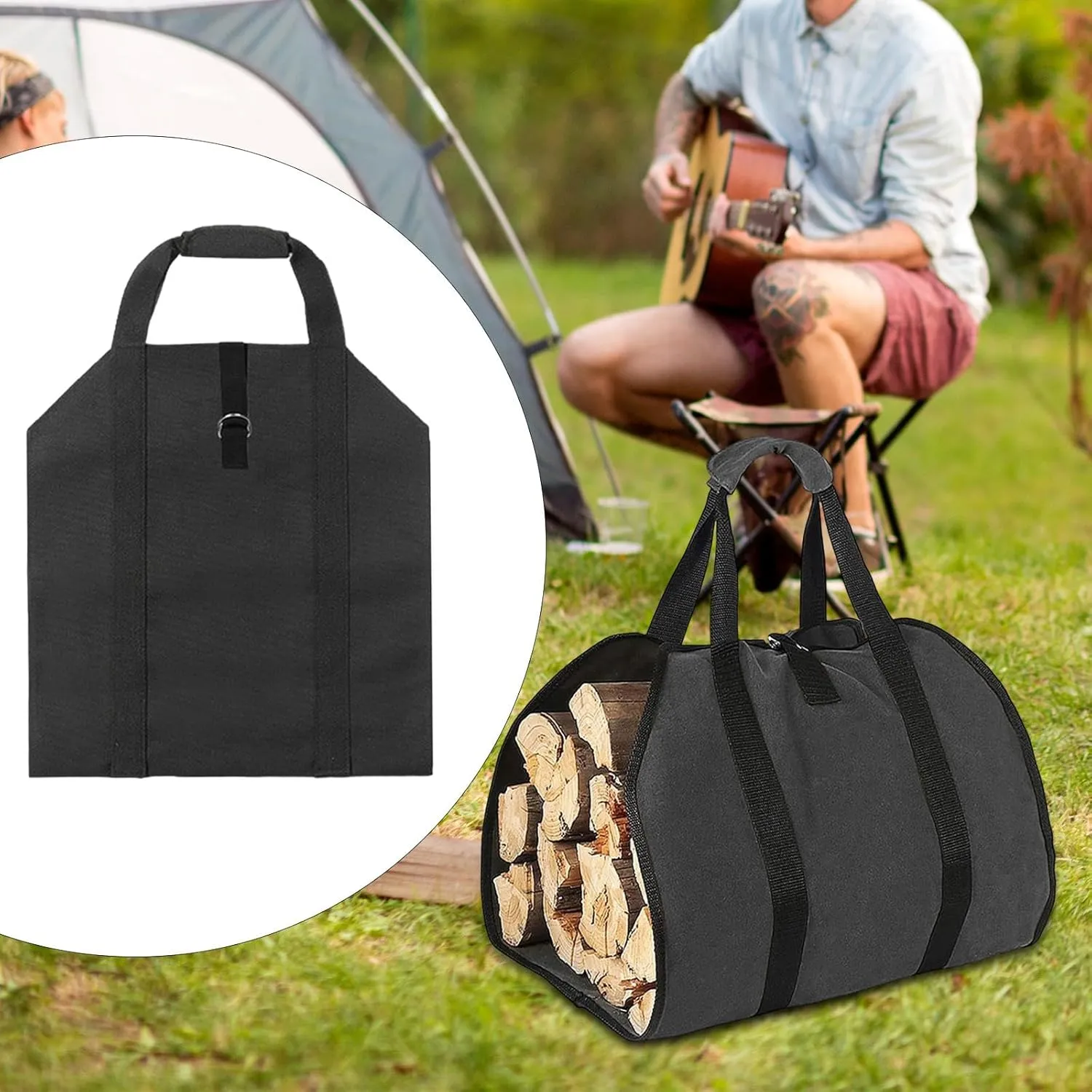 Log Carrier Bag for Wood Firewood Holder Heavy Duty Carrying Bag Oxford Cloth Tote Bag Log Bag for Backpacking Home Travel, Black
