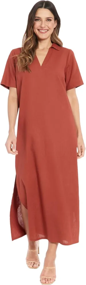London Times Women's Linen Maxi, Collared V-Neck and Slits | Versatile Summer and Casual Dresses