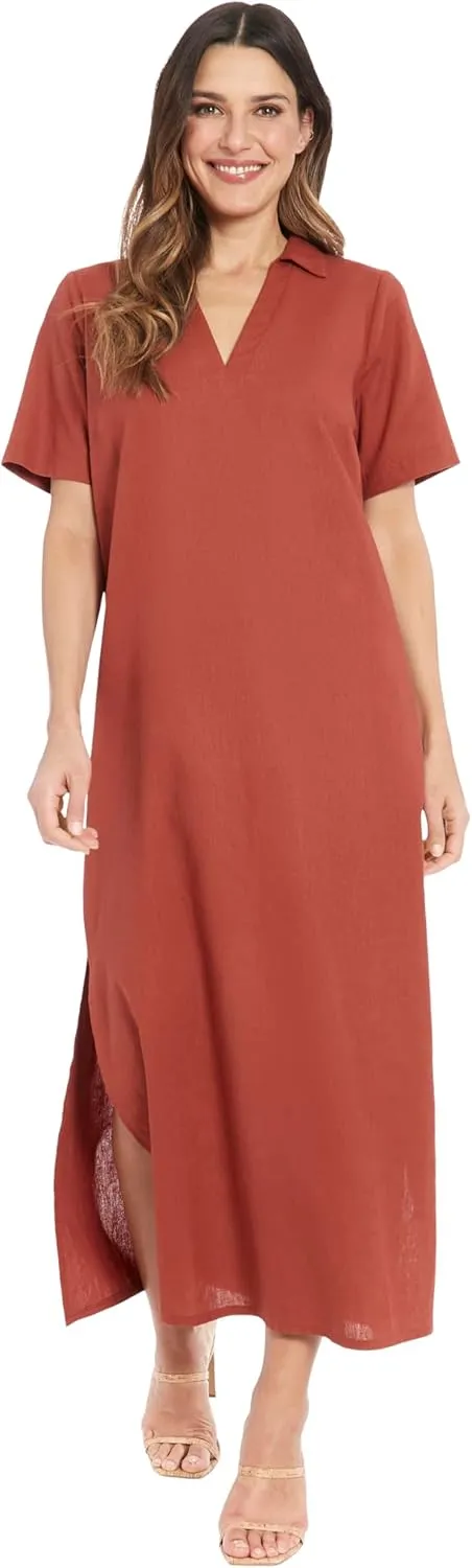 London Times Women's Linen Maxi, Collared V-Neck and Slits | Versatile Summer and Casual Dresses
