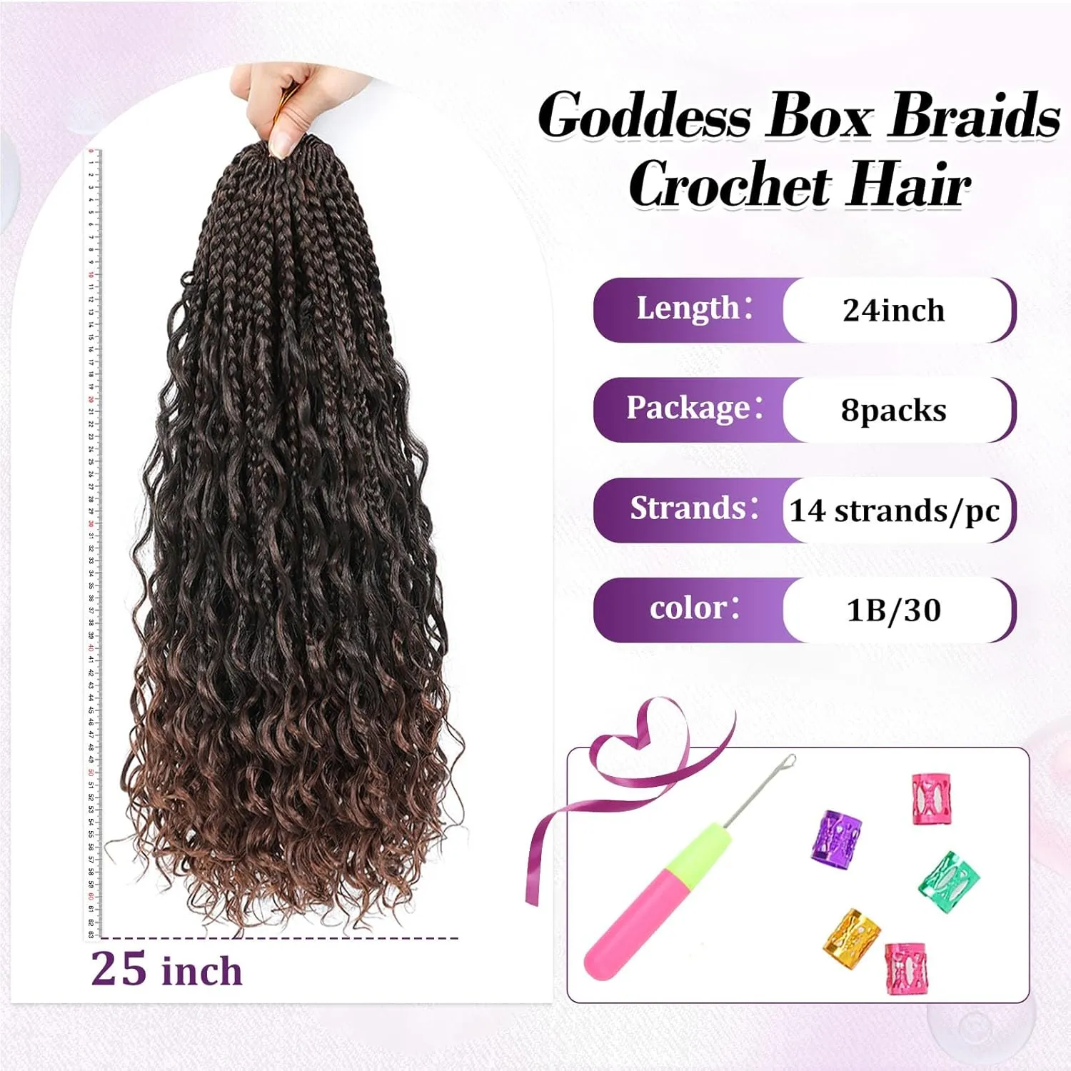 Long Goddess Box Braids Crochet Hair For Black Women-24 Inch 8 pack Pre Looped Boho Crochet Braids Prelooped Bohemian Boho Braids With Curly Ends Hair Extension（24in,1b/30）