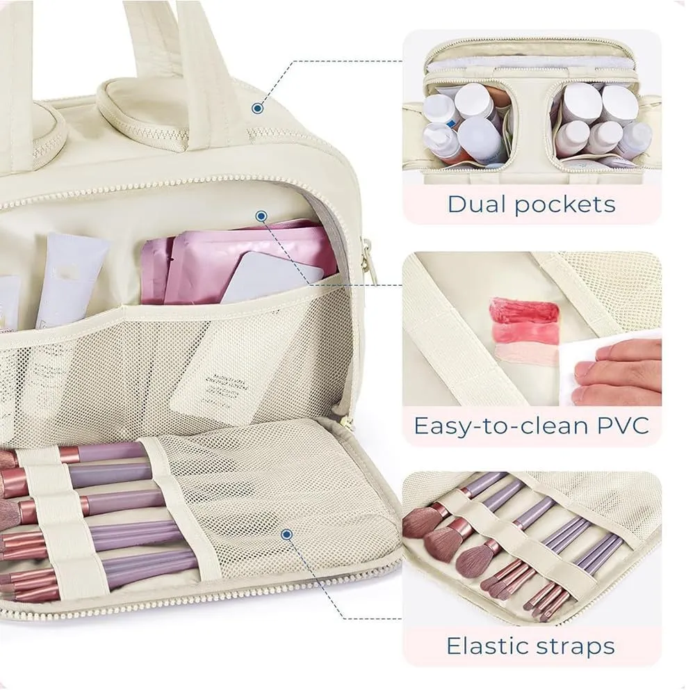LONGLUAN Curetoaway Travel Cosmetic Bag, Meonsopoli Large Capacity Wide-Open Travel Cosmetic Bag for Women with 4 Compartments, Lightweight Waterproof (Pink)