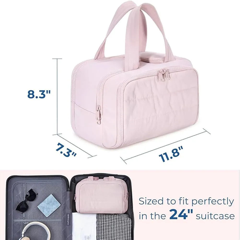 LONGLUAN Curetoaway Travel Cosmetic Bag, Meonsopoli Large Capacity Wide-Open Travel Cosmetic Bag for Women with 4 Compartments, Lightweight Waterproof (Pink)