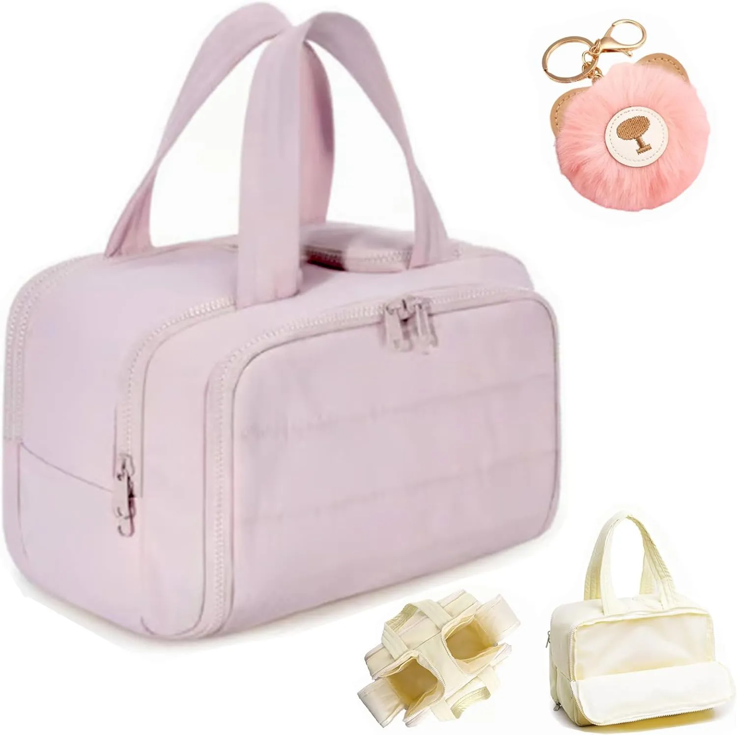 LONGLUAN Curetoaway Travel Cosmetic Bag, Meonsopoli Large Capacity Wide-Open Travel Cosmetic Bag for Women with 4 Compartments, Lightweight Waterproof (Pink)