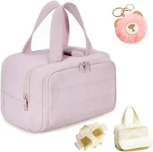 LONGLUAN Curetoaway Travel Cosmetic Bag, Meonsopoli Large Capacity Wide-Open Travel Cosmetic Bag for Women with 4 Compartments, Lightweight Waterproof (Pink)
