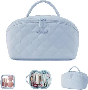 LOVEVOOK Travel Makeup Bag for Women, 2Pcs Set Puffer Waterproof Cosmetic Organizer, Large Capacity Pouch Open Flat Toiletry Bag with Divider & Handle, Portable Gift for Her, Blue