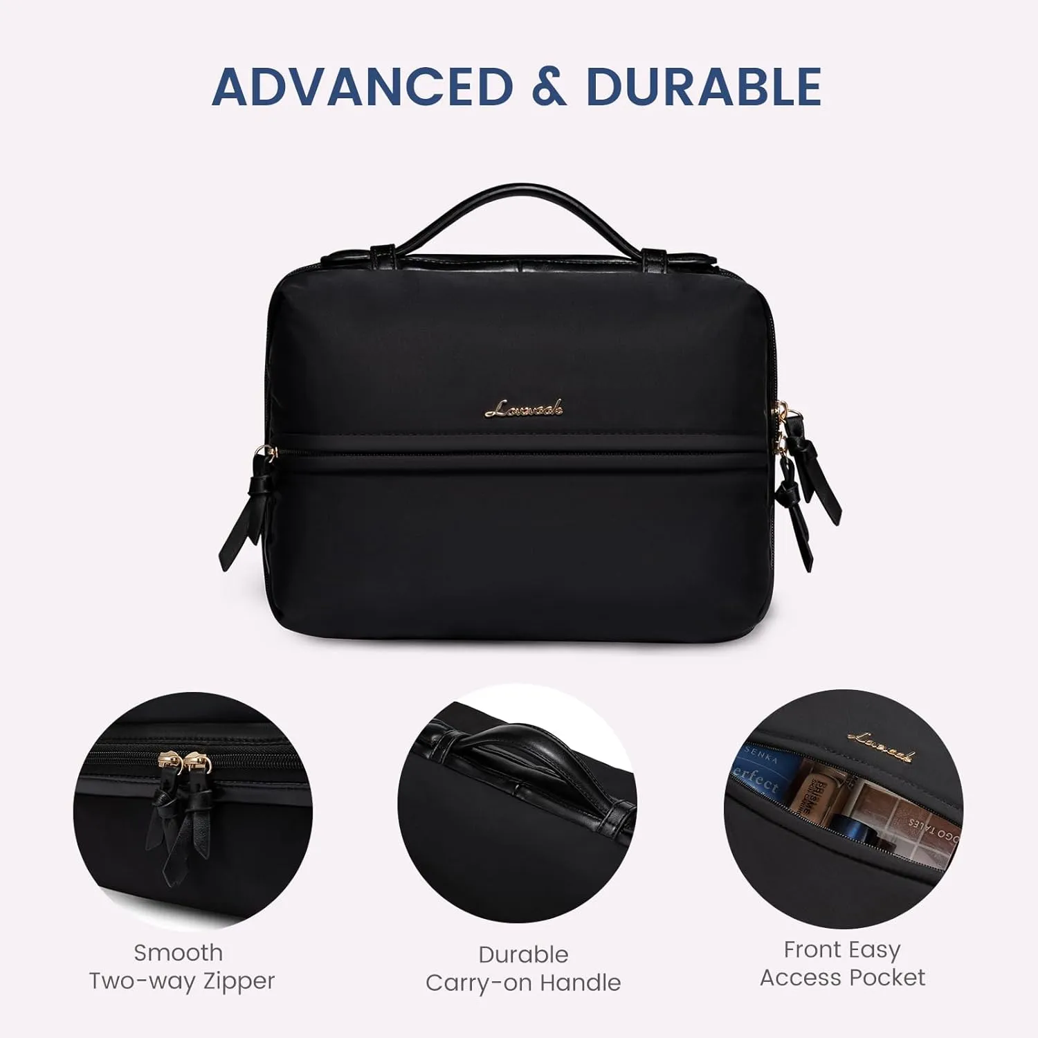 LOVEVOOK Travel Toiletry Bag With Hanging Hook for Women, Puffy Cosmetic Makeup Bag Organizer with Vegan Leather Handle for Accessories, Essentials, Toiletries，Black