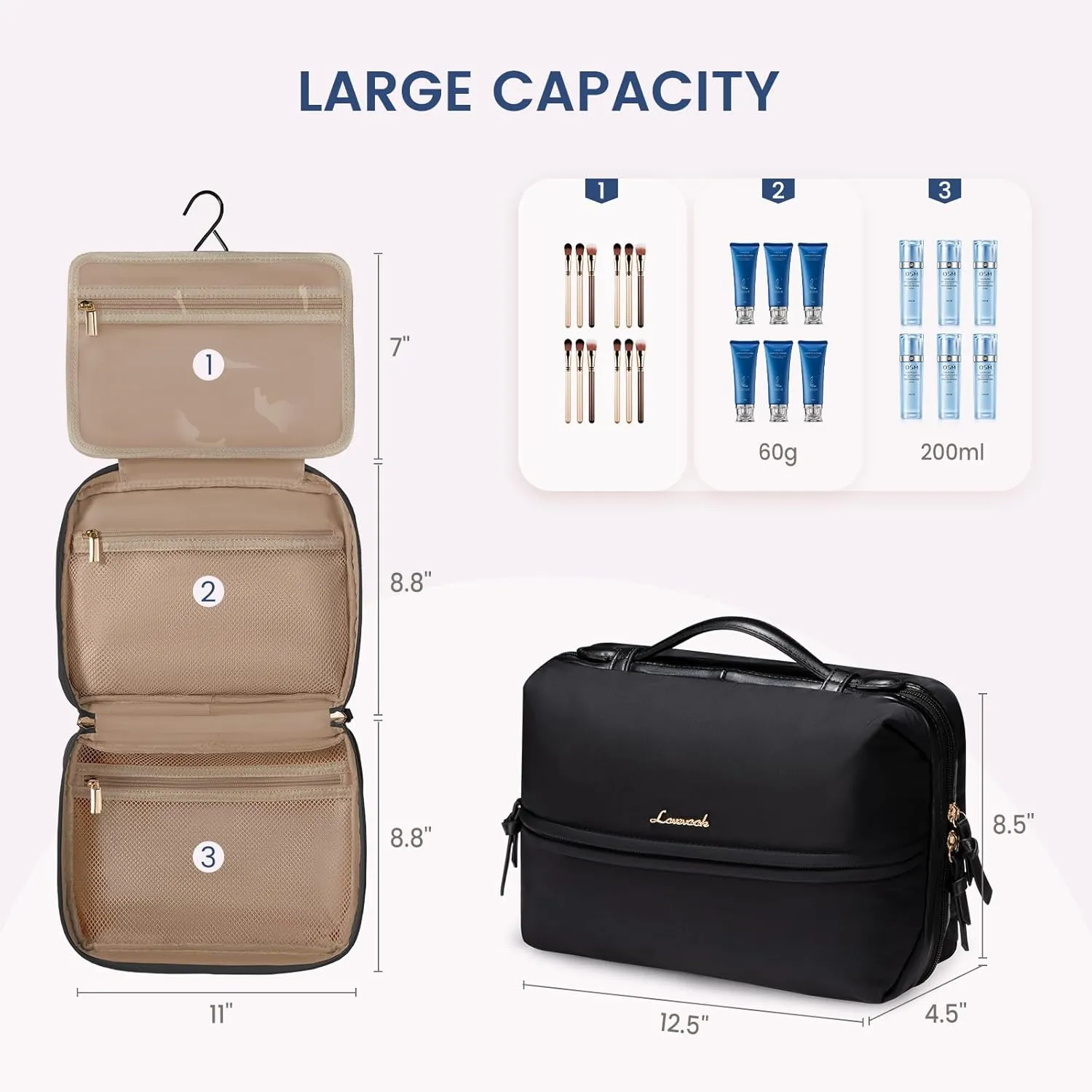 LOVEVOOK Travel Toiletry Bag With Hanging Hook for Women, Puffy Cosmetic Makeup Bag Organizer with Vegan Leather Handle for Accessories, Essentials, Toiletries，Black