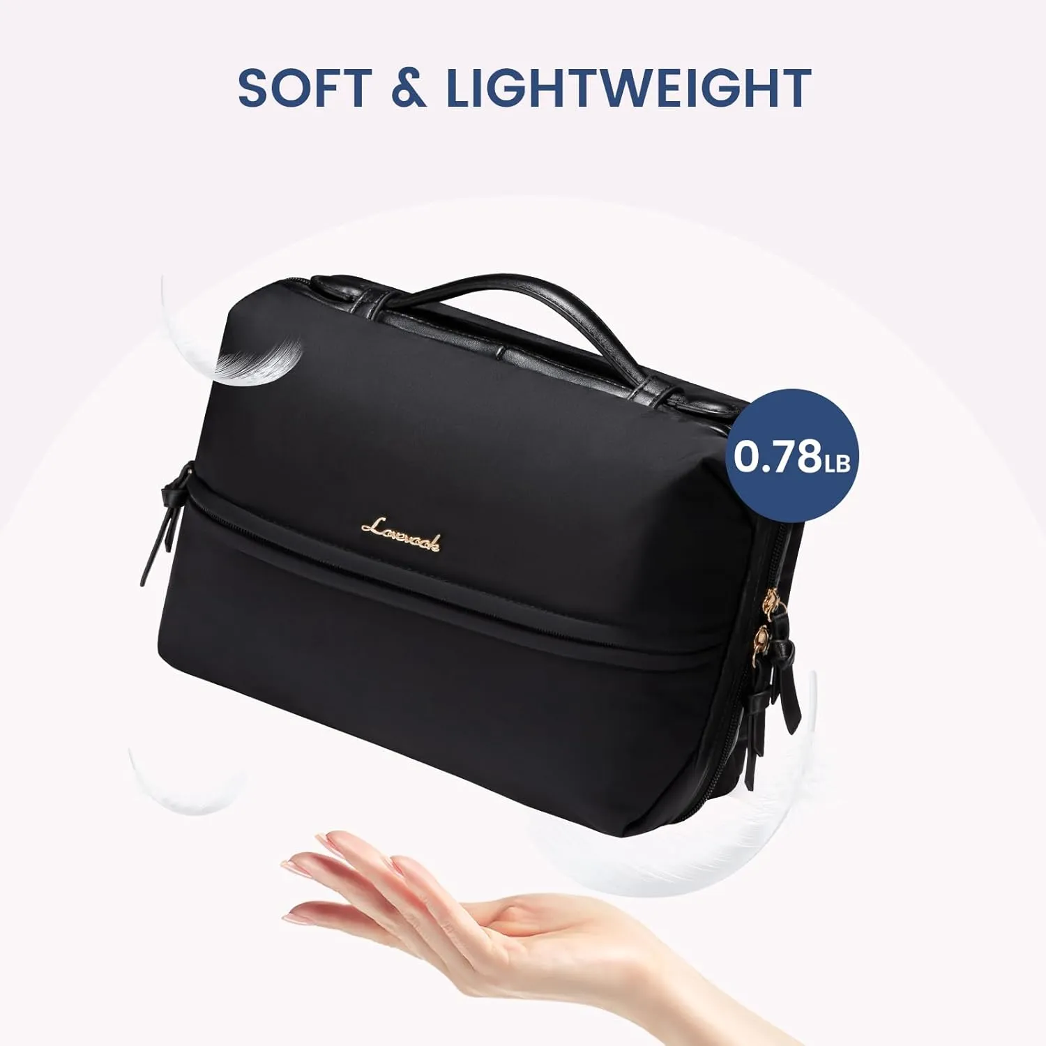 LOVEVOOK Travel Toiletry Bag With Hanging Hook for Women, Puffy Cosmetic Makeup Bag Organizer with Vegan Leather Handle for Accessories, Essentials, Toiletries，Black