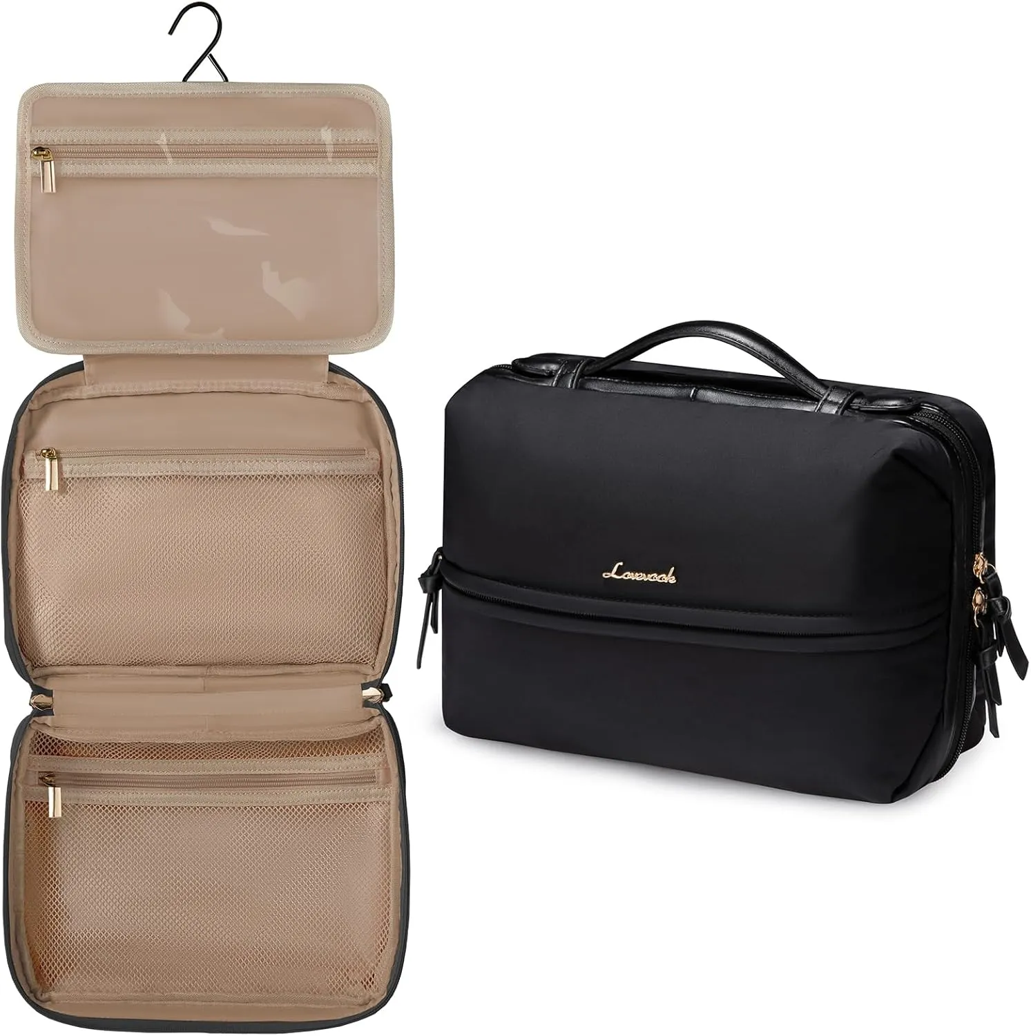 LOVEVOOK Travel Toiletry Bag With Hanging Hook for Women, Puffy Cosmetic Makeup Bag Organizer with Vegan Leather Handle for Accessories, Essentials, Toiletries，Black