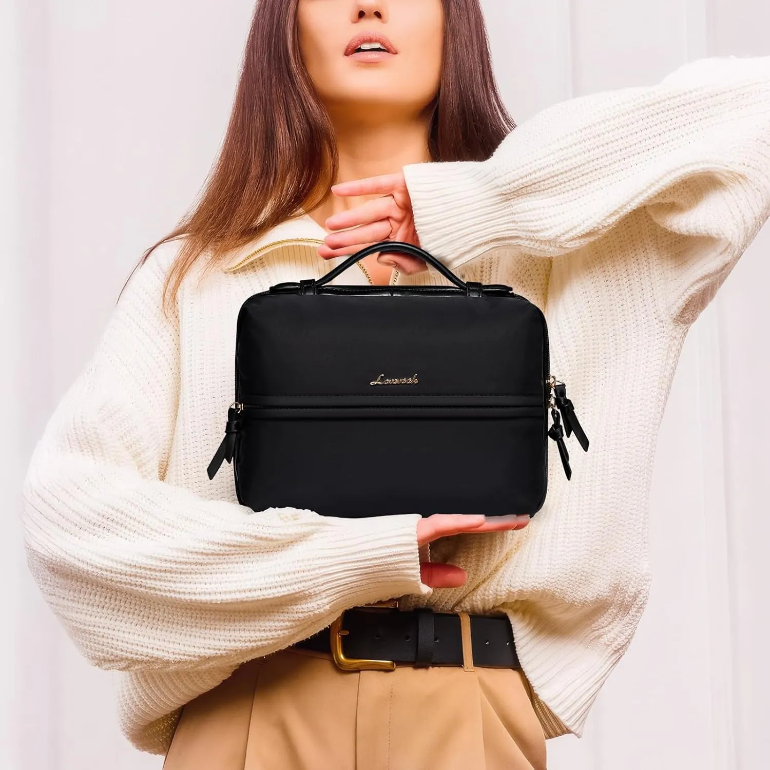 LOVEVOOK Travel Toiletry Bag With Hanging Hook for Women, Puffy Cosmetic Makeup Bag Organizer with Vegan Leather Handle for Accessories, Essentials, Toiletries，Black