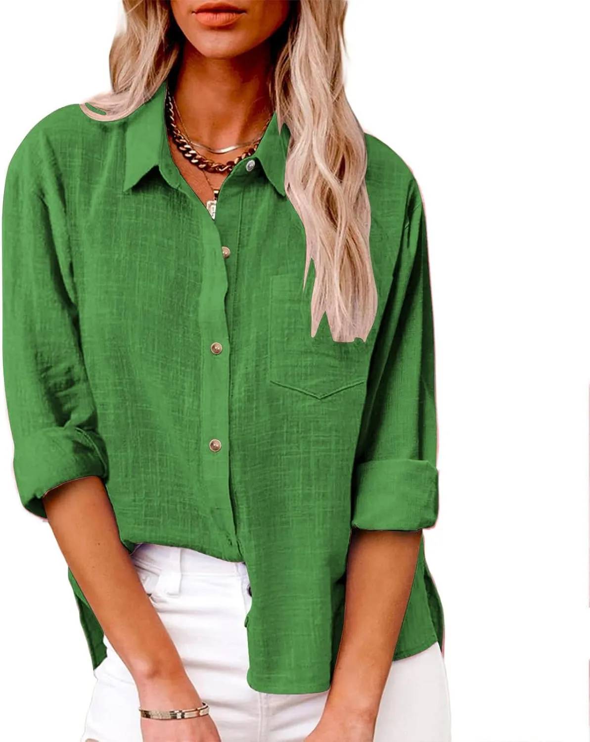 LRMQS Linen Shirts for Women Summer Long Sleeve Lapel Button Down Blouse Lightweight Gauze Loose Casual Fashion Shirt Clothes