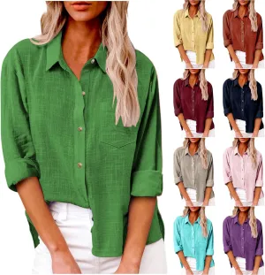 LRMQS Linen Shirts for Women Summer Long Sleeve Lapel Button Down Blouse Lightweight Gauze Loose Casual Fashion Shirt Clothes