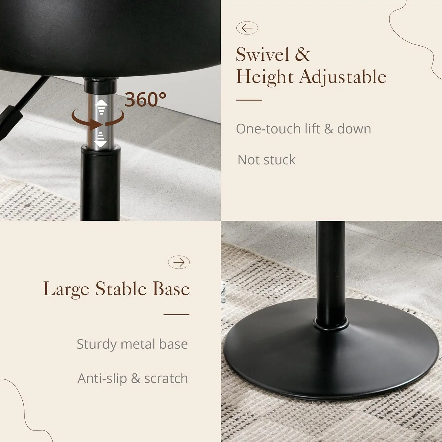 LUE BONA Adjustable Vanity Stool, 360 Swivel Chair for Makeup Room, Black Faux Leather Stool for Bathroom & Living Room