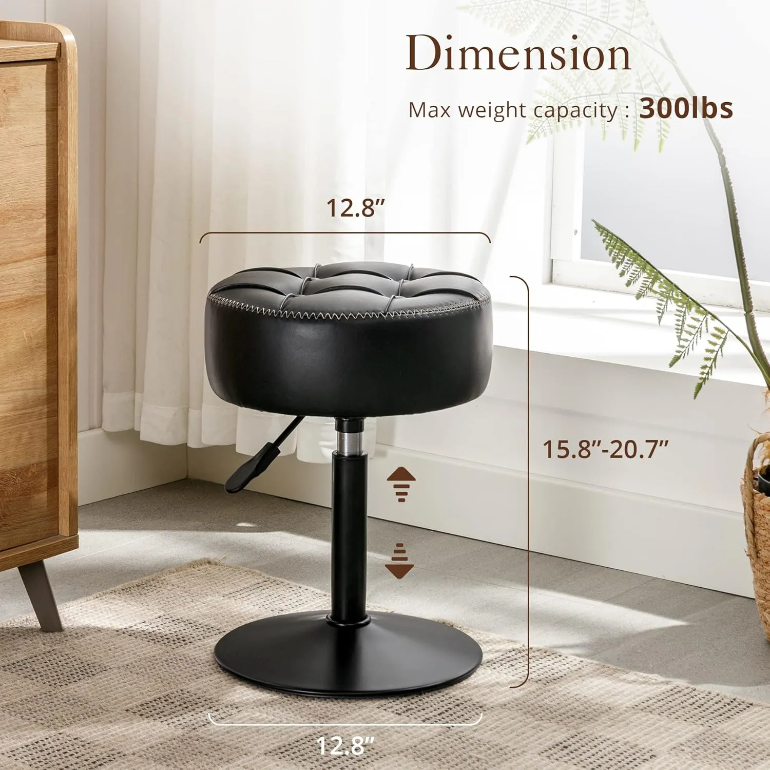 LUE BONA Adjustable Vanity Stool, 360 Swivel Chair for Makeup Room, Black Faux Leather Stool for Bathroom & Living Room