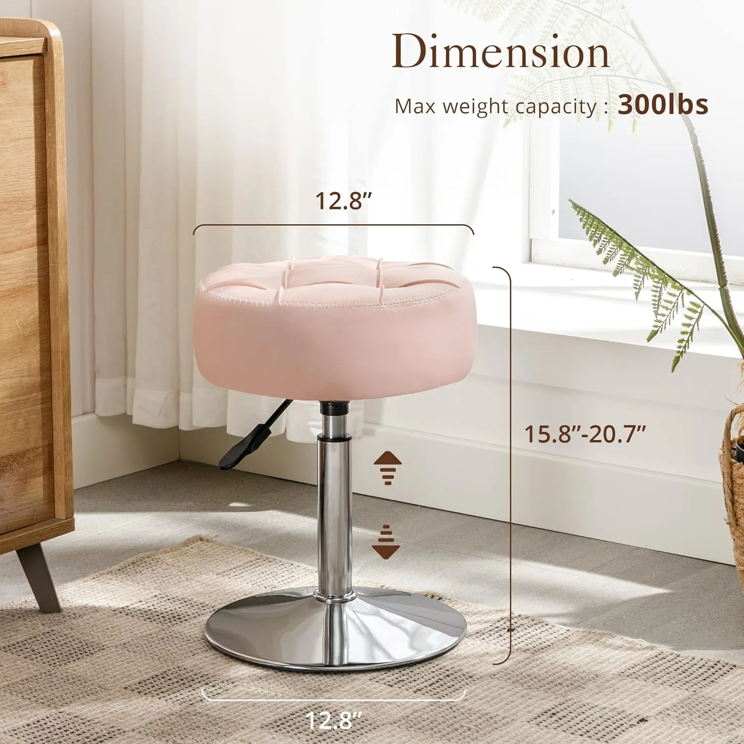 LUE BONA Adjustable Vanity Stool, 360°Swivel Vanity Chair Stool for Makeup Room, Pink Stool Chair for Vanity, Small Faux Leather Vanity Stool for Bathroom, Living Room