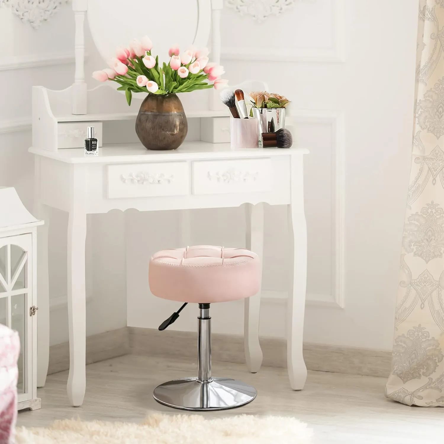 LUE BONA Adjustable Vanity Stool, 360°Swivel Vanity Chair Stool for Makeup Room, Pink Stool Chair for Vanity, Small Faux Leather Vanity Stool for Bathroom, Living Room