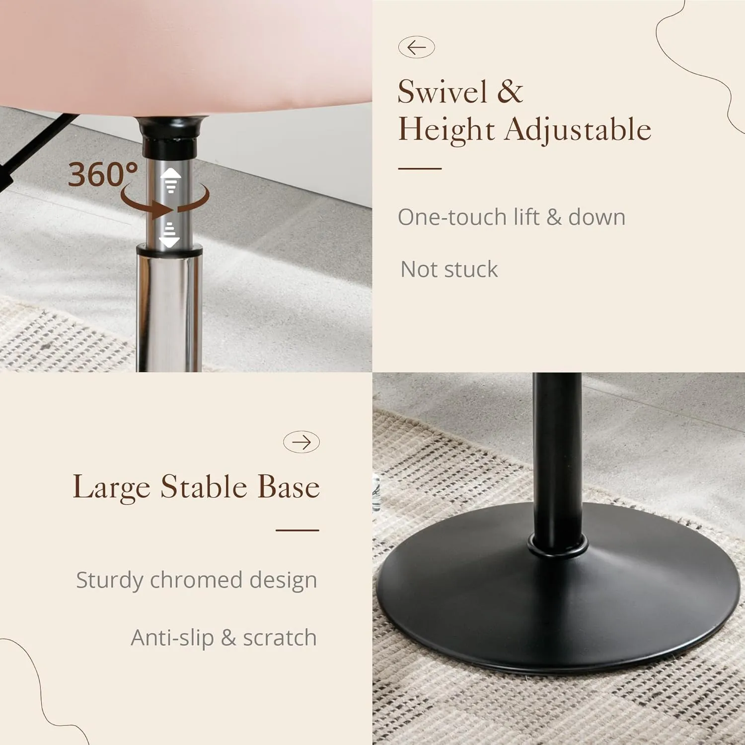 LUE BONA Adjustable Vanity Stool, 360°Swivel Vanity Chair Stool for Makeup Room, Pink Stool Chair for Vanity, Small Faux Leather Vanity Stool for Bathroom, Living Room
