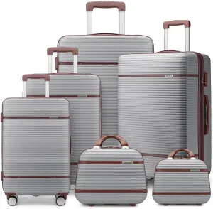 Luggage Sets 6 Piece with two Cosmetic Case, Expandable(Only 28 & 24") Hardside Luggage with 360° Spinner Wheels, Durable Luggage Set Clearance For Women Men, Silver