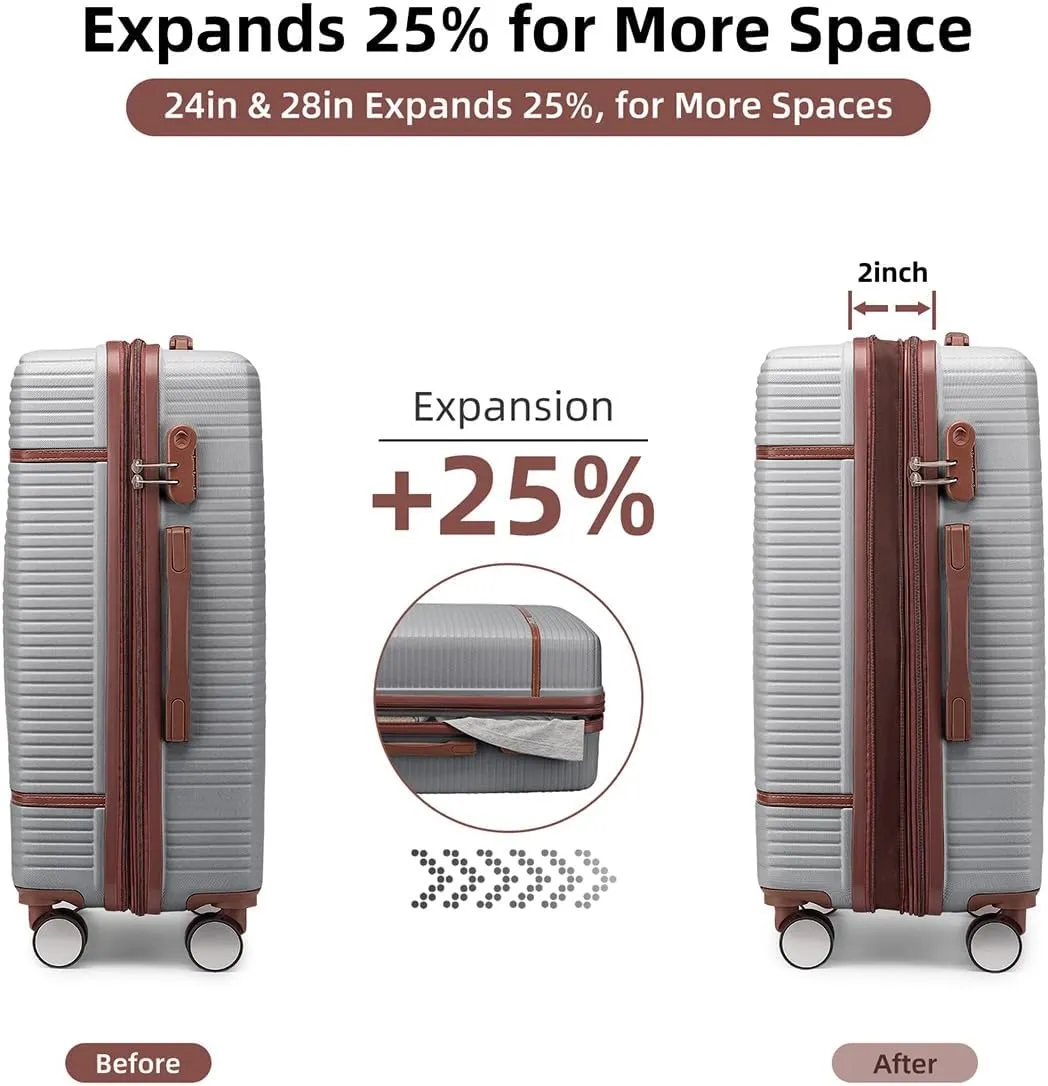 Luggage Sets 6 Piece with two Cosmetic Case, Expandable(Only 28 & 24") Hardside Luggage with 360° Spinner Wheels, Durable Luggage Set Clearance For Women Men, Silver