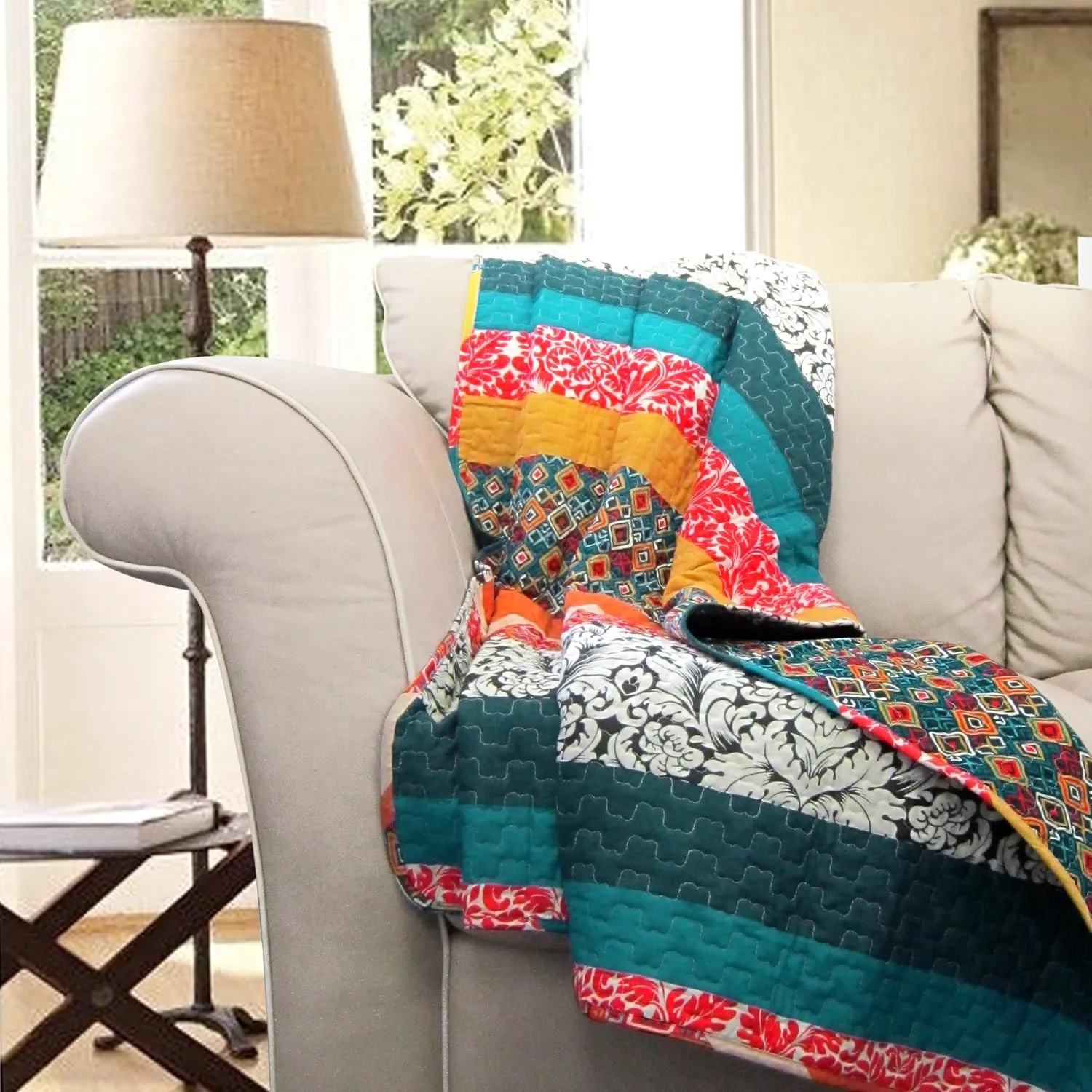 Lush Decor Boho Reversible Throw Colorful Striped Pattern Bohemian Blanket, 60” x 50”, Turquoise and Tangerine